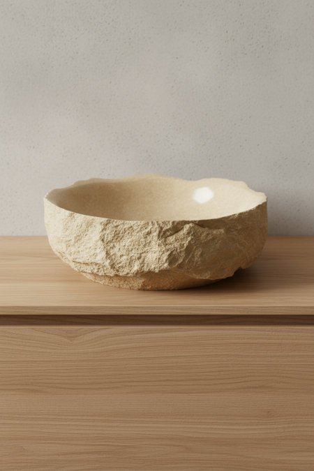 حوض مغسلة حجر طبيعي بتصميم ناعم بلون رملي